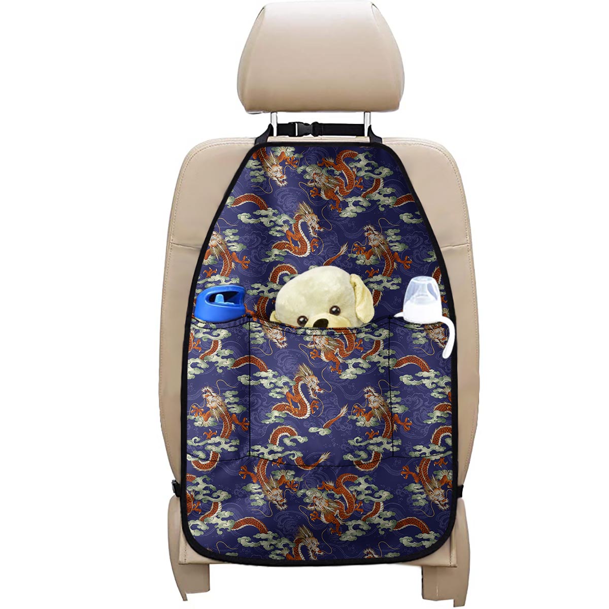 Orange Japanese Dragon Pattern Print Car Seat Organizers