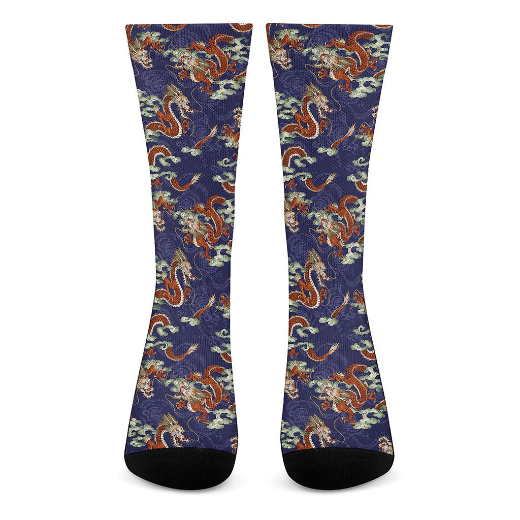 Orange Japanese Dragon Pattern Print Crew Socks