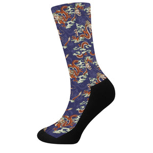 Orange Japanese Dragon Pattern Print Crew Socks