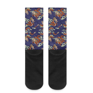 Orange Japanese Dragon Pattern Print Crew Socks