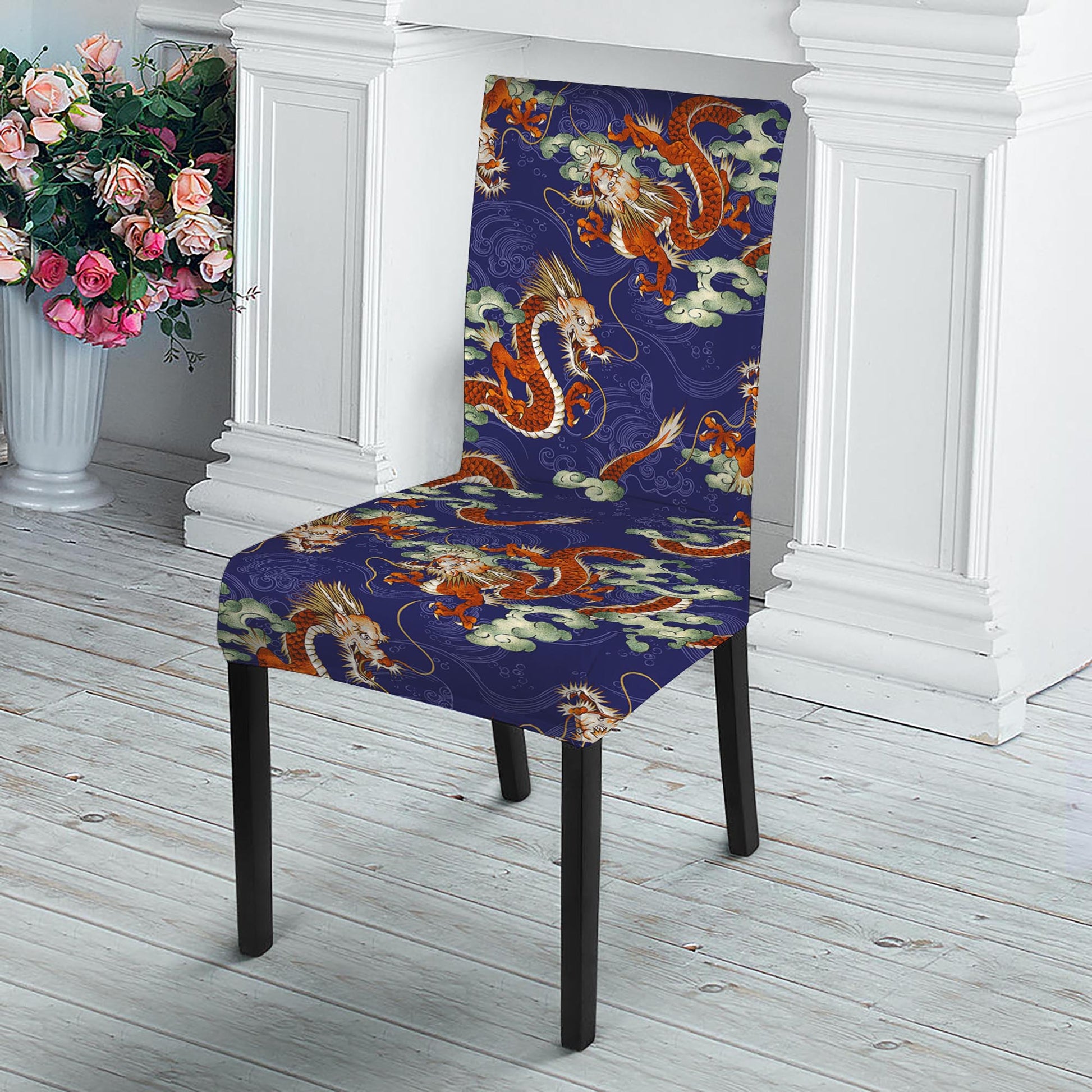 Orange Japanese Dragon Pattern Print Dining Chair Slipcover