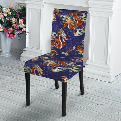 Orange Japanese Dragon Pattern Print Dining Chair Slipcover