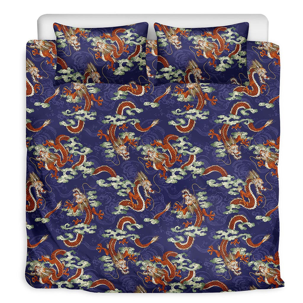 Orange Japanese Dragon Pattern Print Duvet Cover Bedding Set