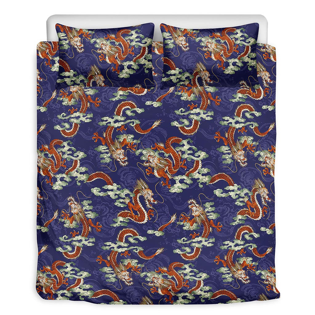 Orange Japanese Dragon Pattern Print Duvet Cover Bedding Set