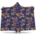 Orange Japanese Dragon Pattern Print Hooded Blanket