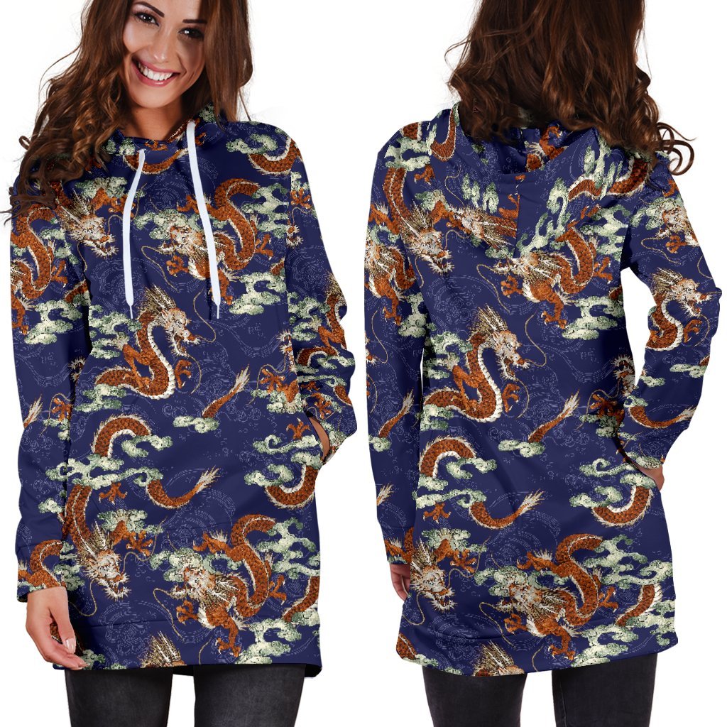 Orange Japanese Dragon Pattern Print Hoodie Dress GearFrost