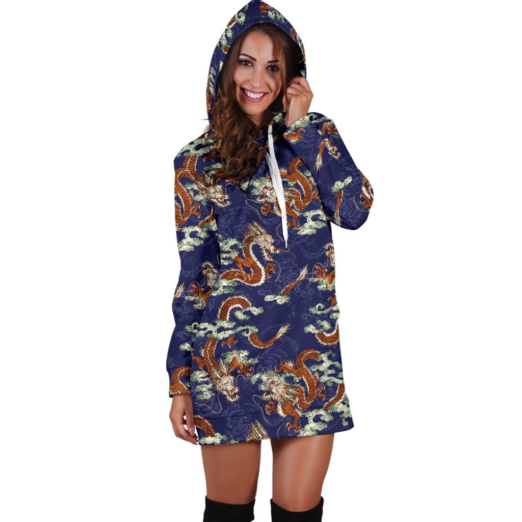 Orange Japanese Dragon Pattern Print Hoodie Dress GearFrost