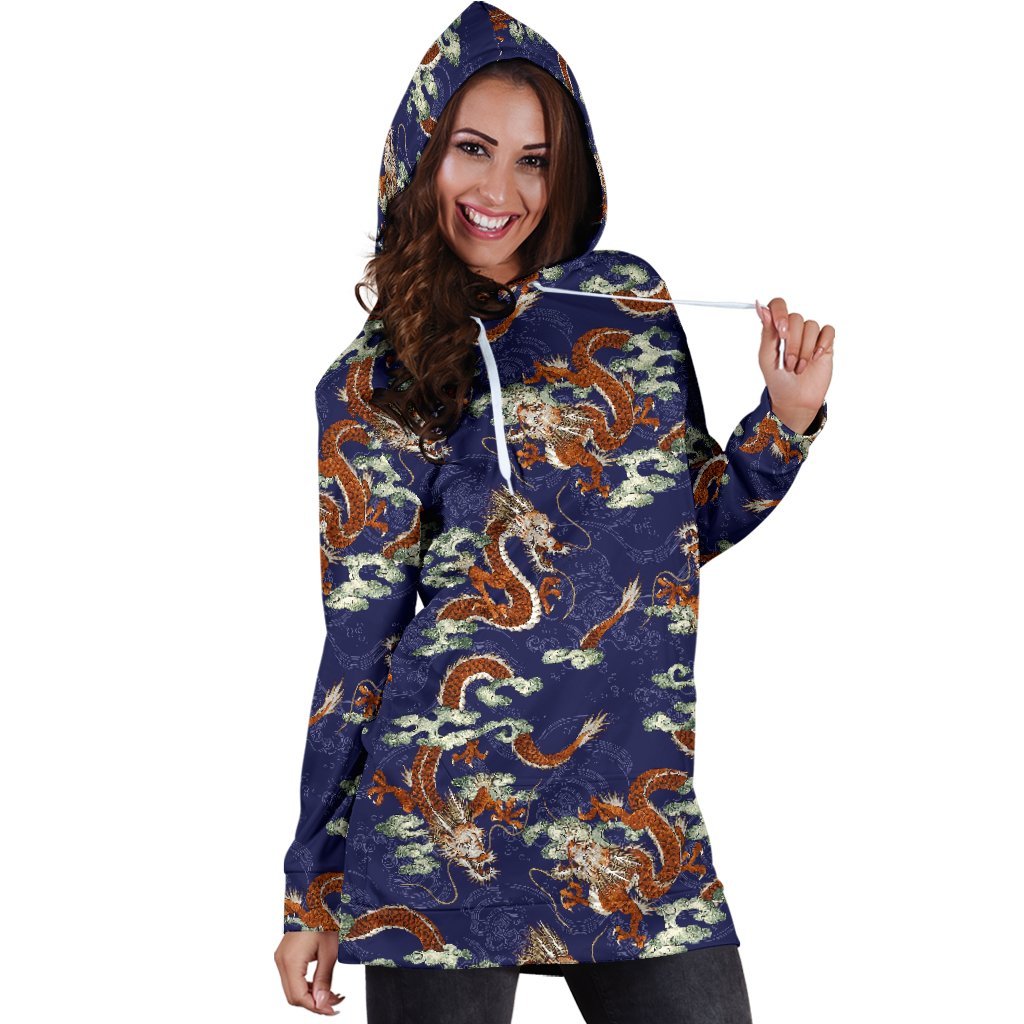 Orange Japanese Dragon Pattern Print Hoodie Dress GearFrost