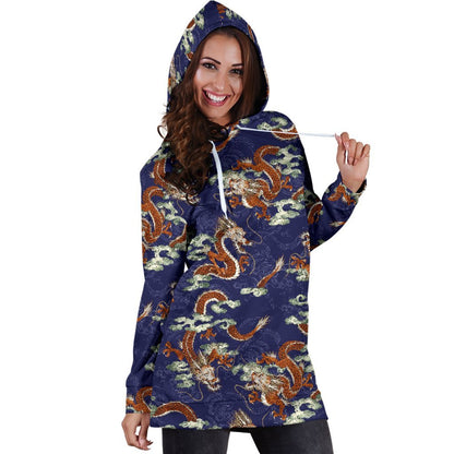 Orange Japanese Dragon Pattern Print Hoodie Dress GearFrost