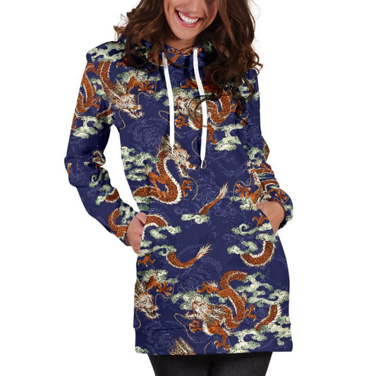 Orange Japanese Dragon Pattern Print Hoodie Dress GearFrost