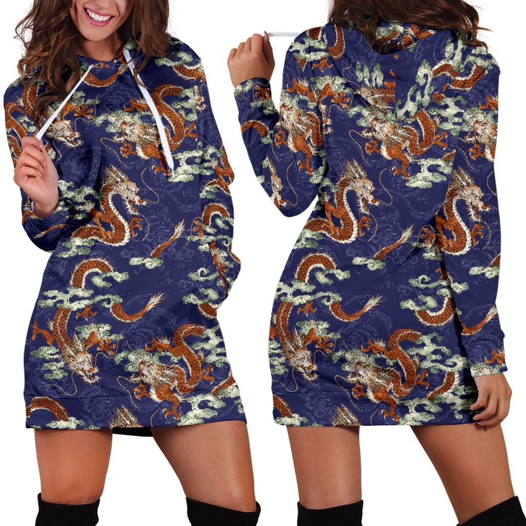 Orange Japanese Dragon Pattern Print Hoodie Dress GearFrost