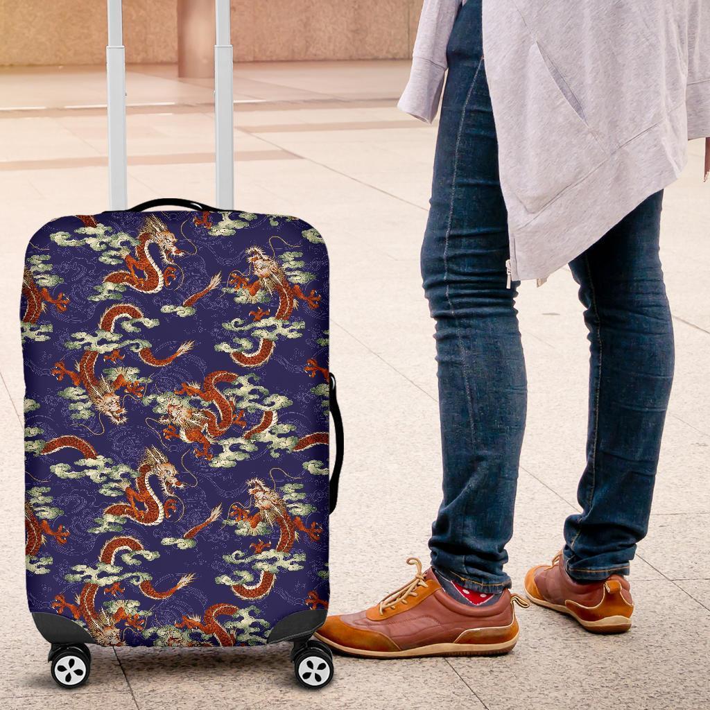 Orange Japanese Dragon Pattern Print Luggage Cover GearFrost