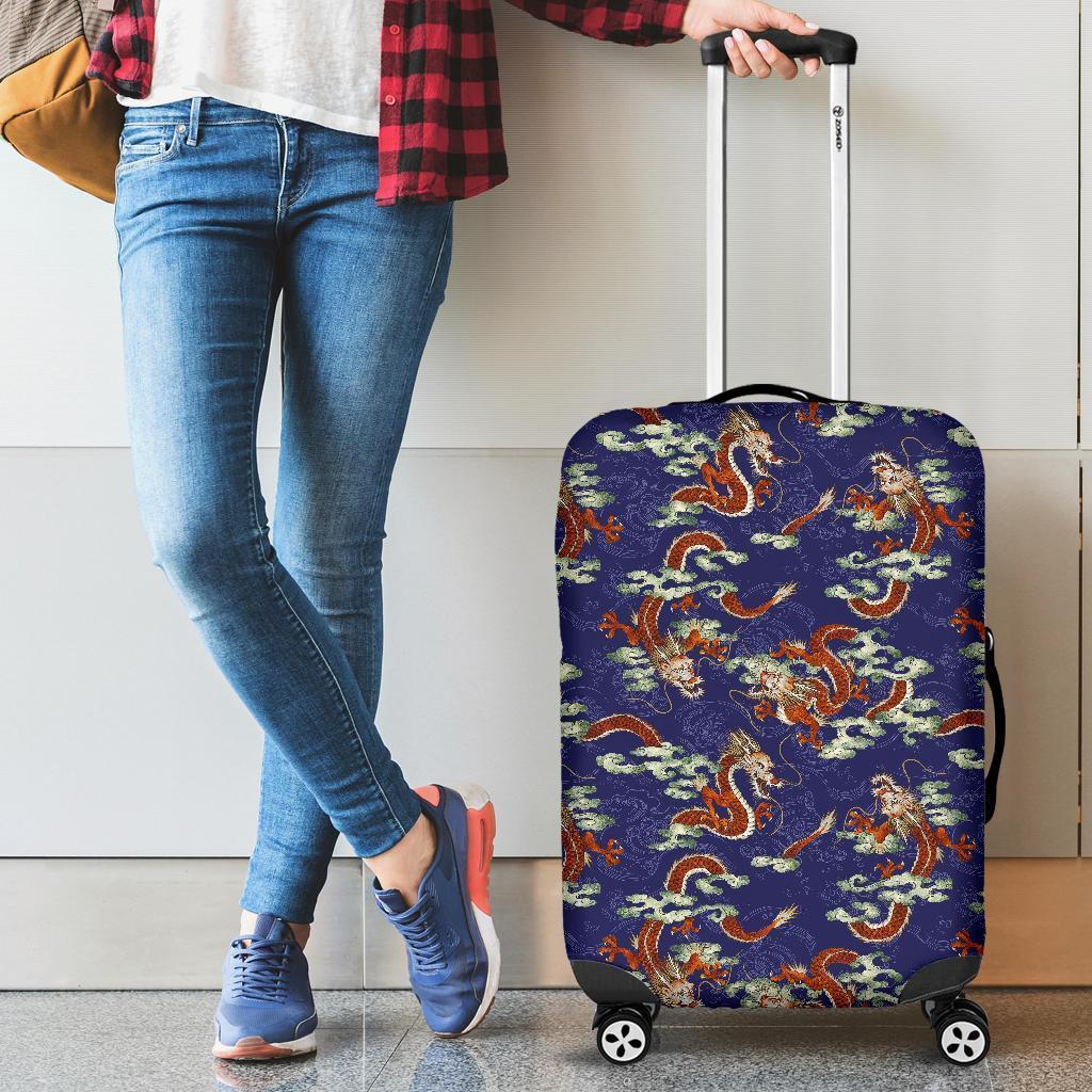 Orange Japanese Dragon Pattern Print Luggage Cover GearFrost