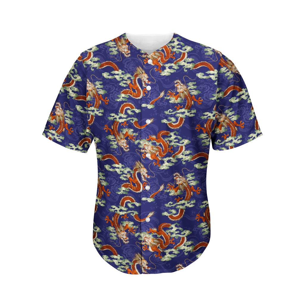 Orange Japanese Dragon Pattern Print Men's Baseball Jersey
