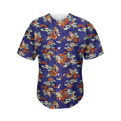 Orange Japanese Dragon Pattern Print Men's Baseball Jersey