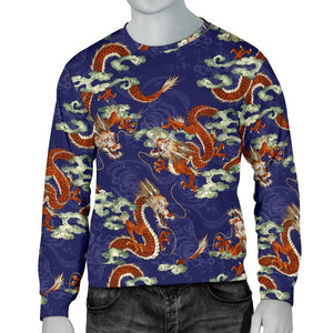 Orange Japanese Dragon Pattern Print Men's Crewneck Sweatshirt GearFrost