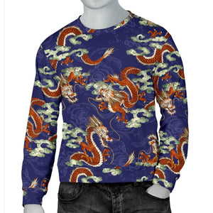 Orange Japanese Dragon Pattern Print Men's Crewneck Sweatshirt GearFrost