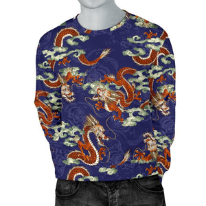 Orange Japanese Dragon Pattern Print Men's Crewneck Sweatshirt GearFrost