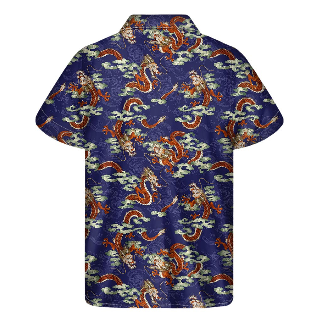 Orange Japanese Dragon Pattern Print Men's Short Sleeve Shirt