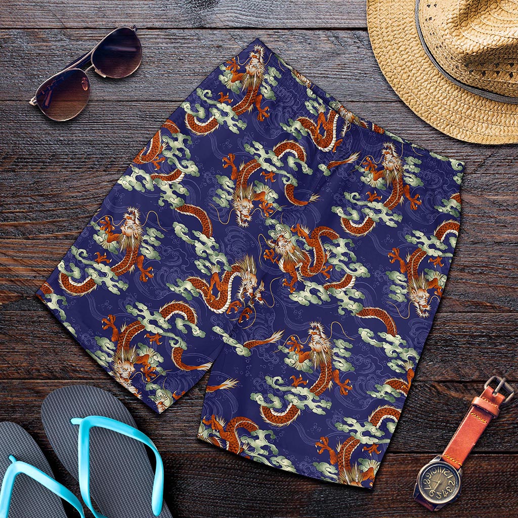 Orange Japanese Dragon Pattern Print Men's Shorts