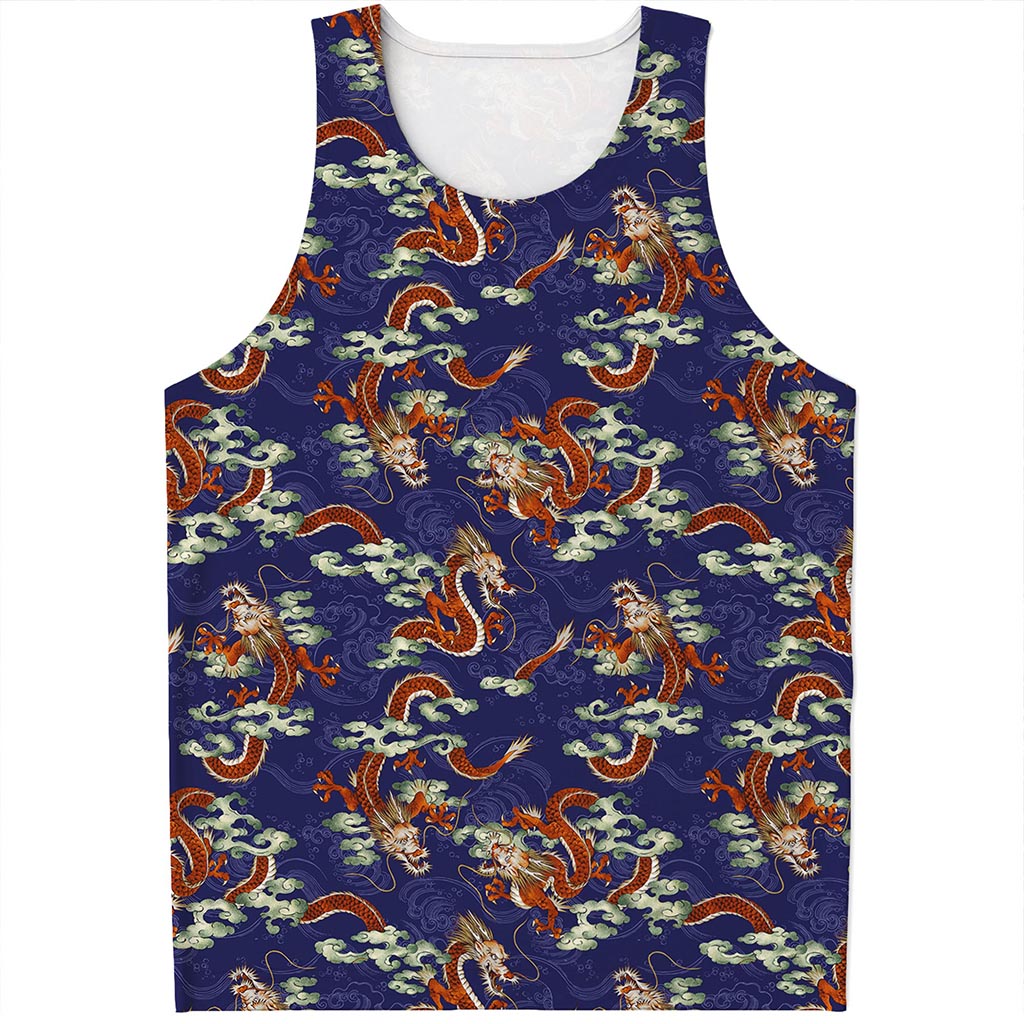 Orange Japanese Dragon Pattern Print Men's Tank Top