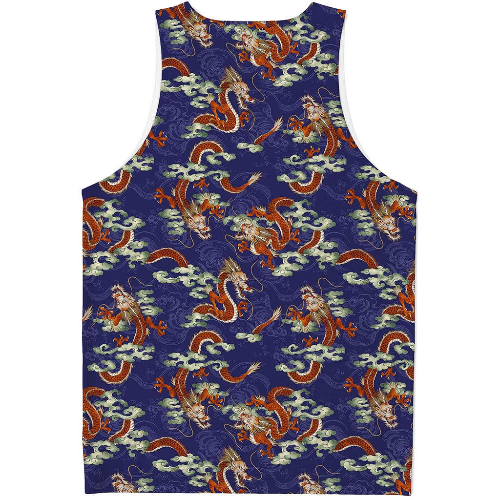 Orange Japanese Dragon Pattern Print Men's Tank Top