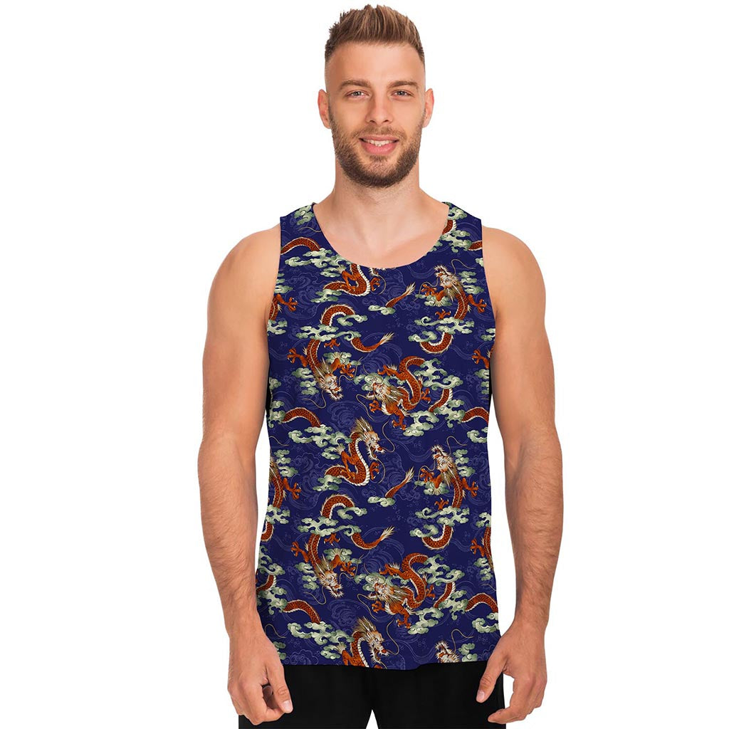 Orange Japanese Dragon Pattern Print Men's Tank Top