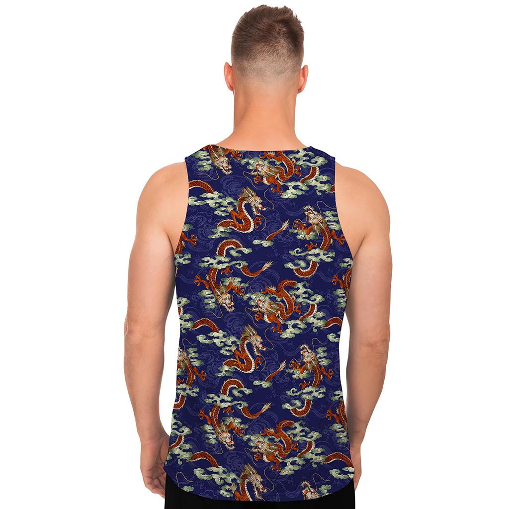 Orange Japanese Dragon Pattern Print Men's Tank Top