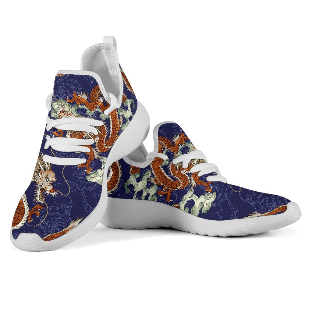 Orange Japanese Dragon Pattern Print Mesh Knit Shoes GearFrost