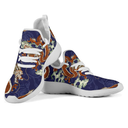 Orange Japanese Dragon Pattern Print Mesh Knit Shoes GearFrost