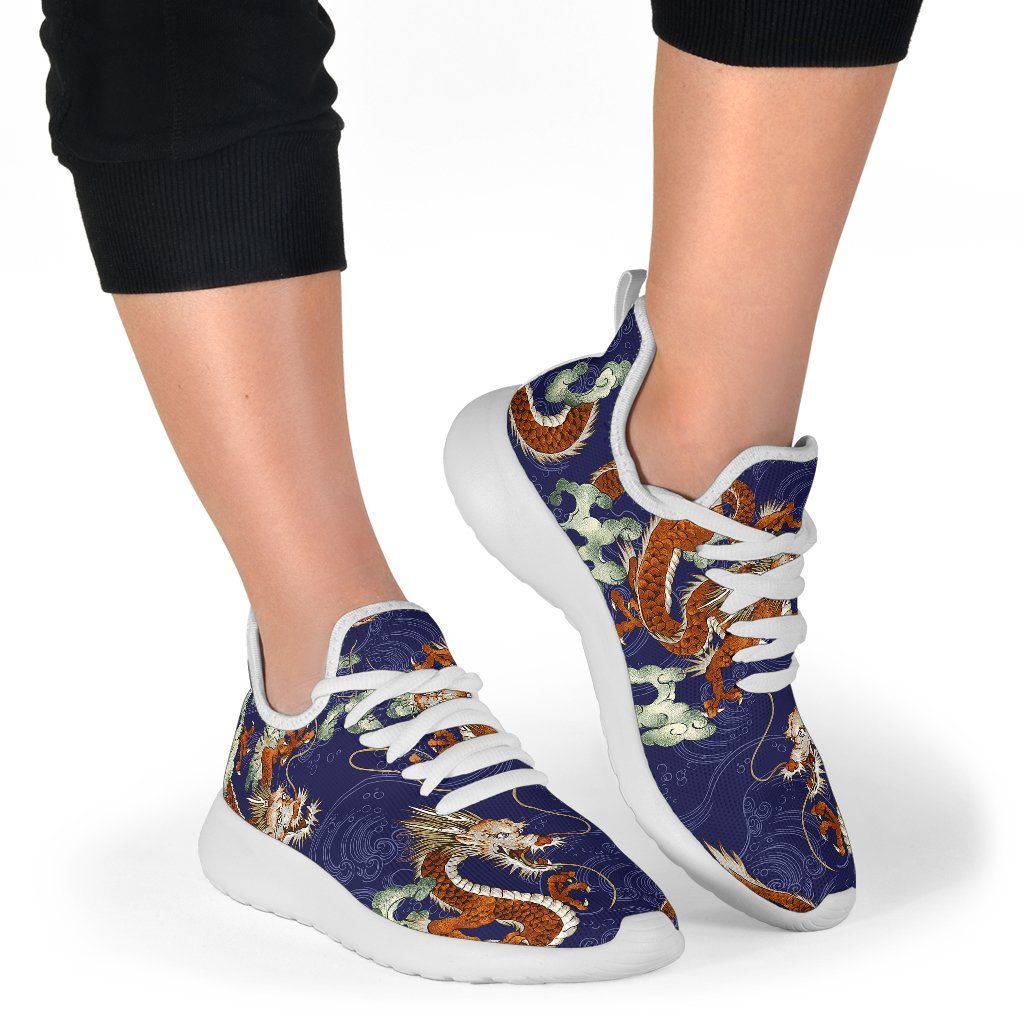 Orange Japanese Dragon Pattern Print Mesh Knit Shoes GearFrost