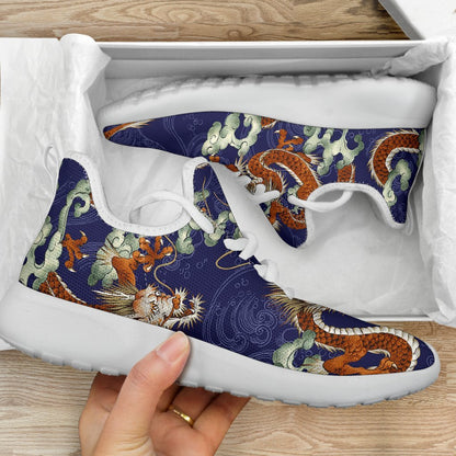 Orange Japanese Dragon Pattern Print Mesh Knit Shoes GearFrost