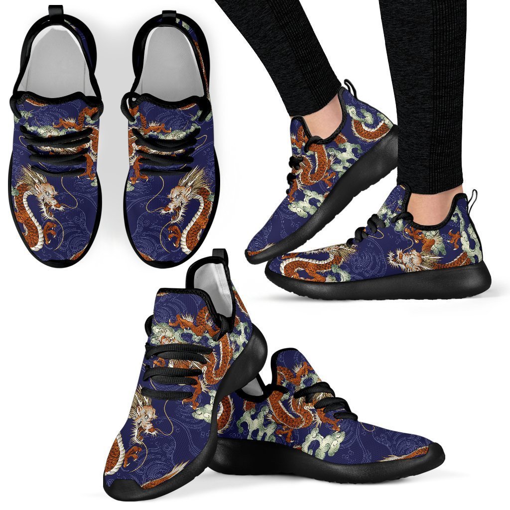 Orange Japanese Dragon Pattern Print Mesh Knit Shoes GearFrost
