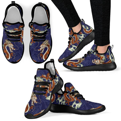 Orange Japanese Dragon Pattern Print Mesh Knit Shoes GearFrost