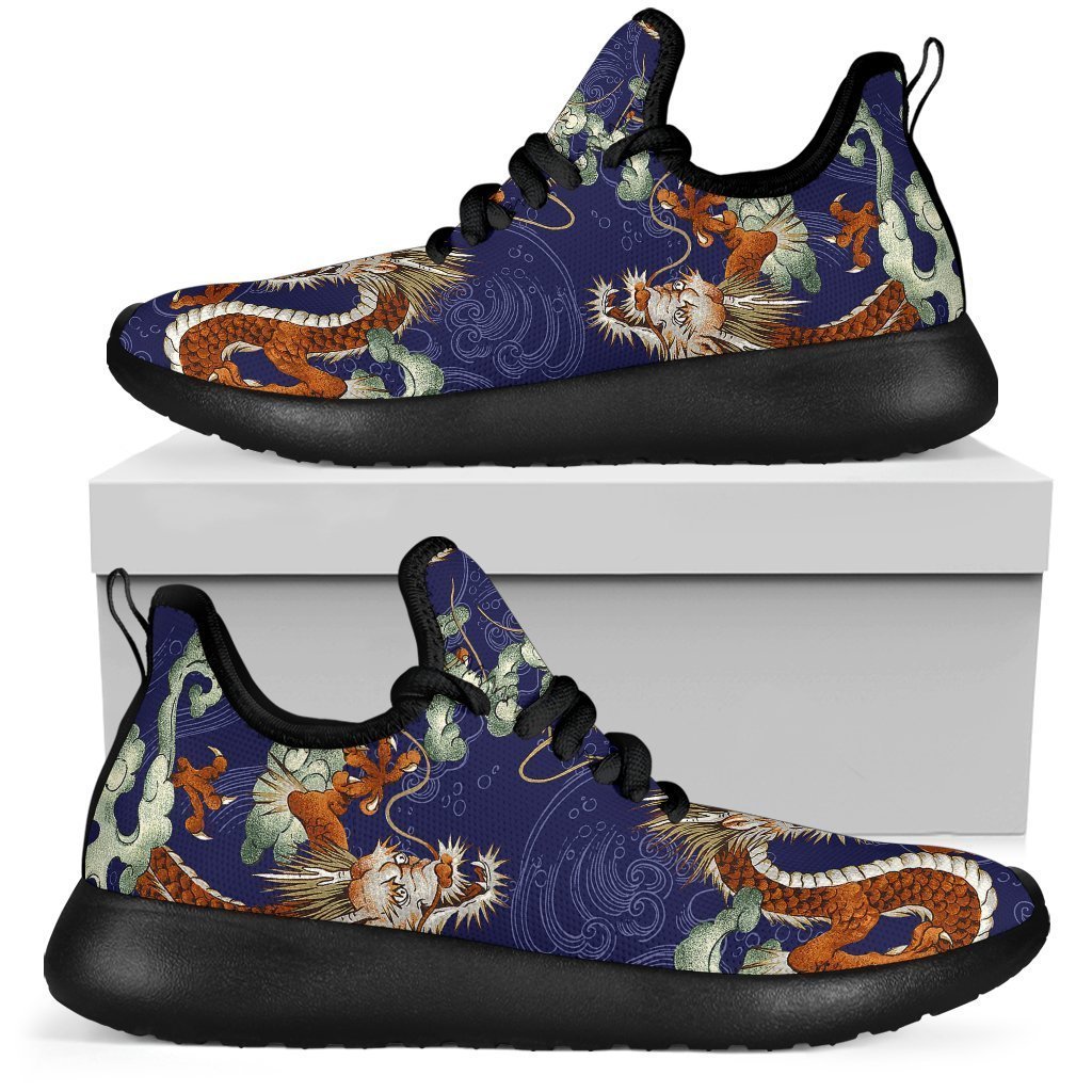 Orange Japanese Dragon Pattern Print Mesh Knit Shoes GearFrost