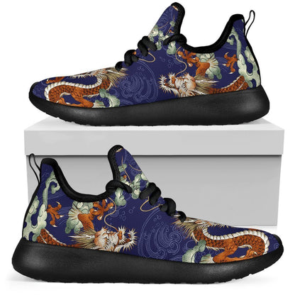 Orange Japanese Dragon Pattern Print Mesh Knit Shoes GearFrost