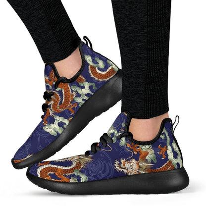 Orange Japanese Dragon Pattern Print Mesh Knit Shoes GearFrost