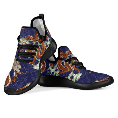 Orange Japanese Dragon Pattern Print Mesh Knit Shoes GearFrost