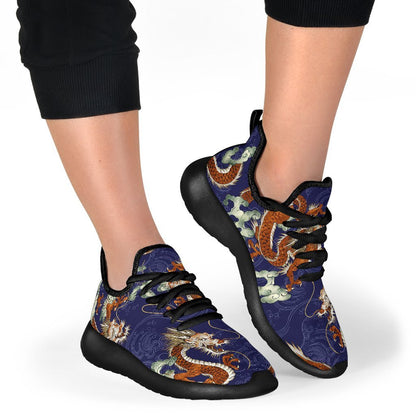 Orange Japanese Dragon Pattern Print Mesh Knit Shoes GearFrost