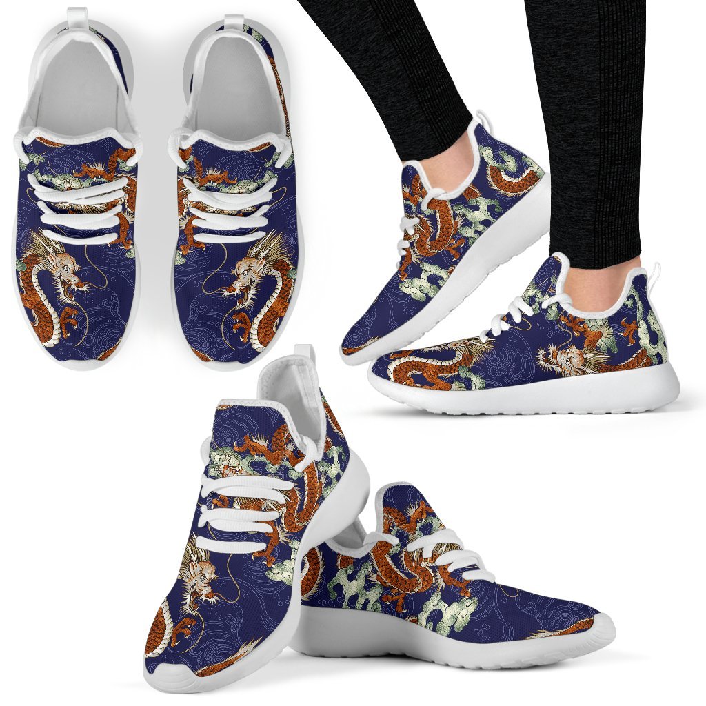Orange Japanese Dragon Pattern Print Mesh Knit Shoes GearFrost