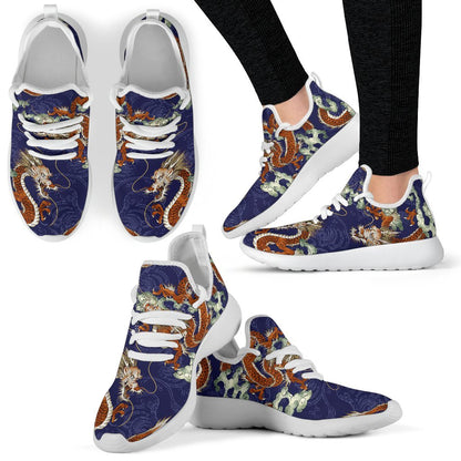 Orange Japanese Dragon Pattern Print Mesh Knit Shoes GearFrost