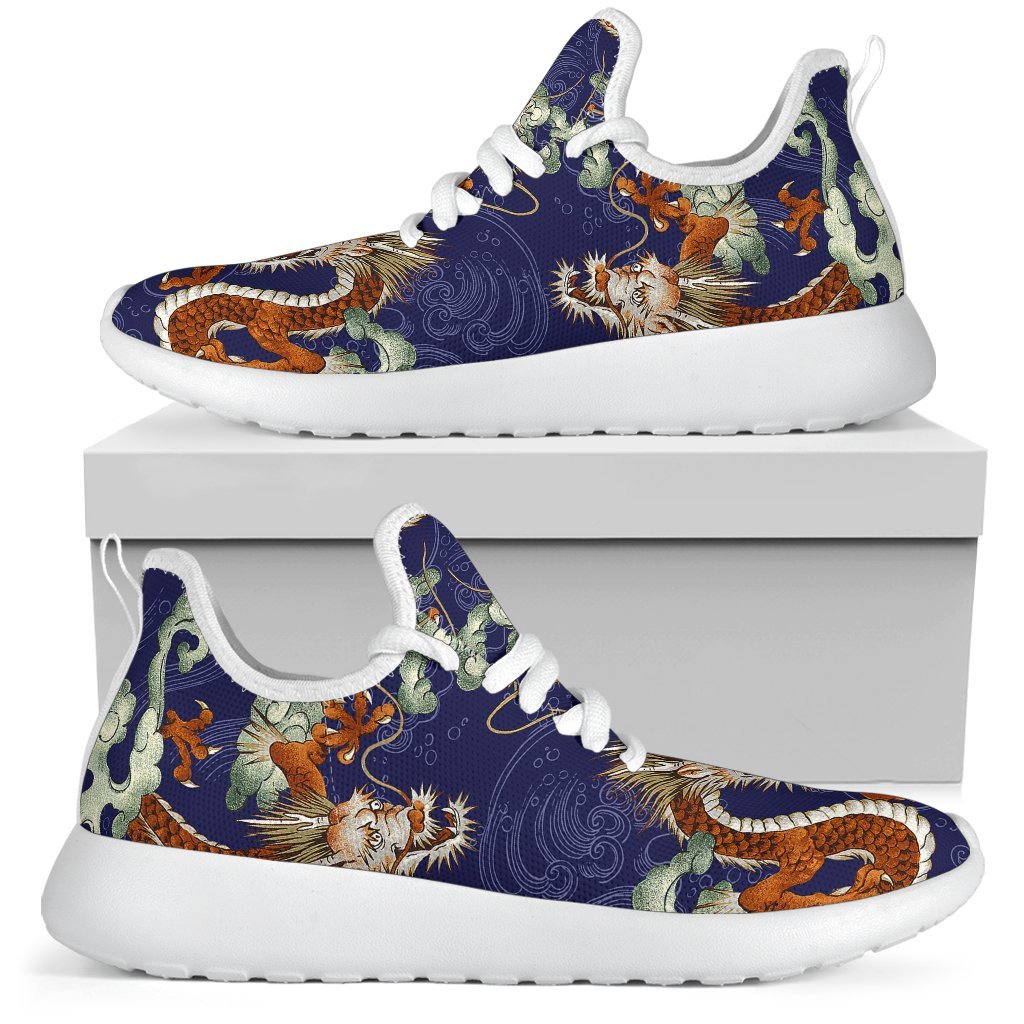 Orange Japanese Dragon Pattern Print Mesh Knit Shoes GearFrost