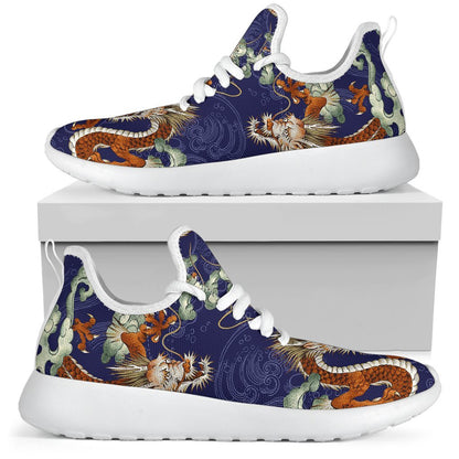 Orange Japanese Dragon Pattern Print Mesh Knit Shoes GearFrost
