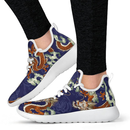 Orange Japanese Dragon Pattern Print Mesh Knit Shoes GearFrost