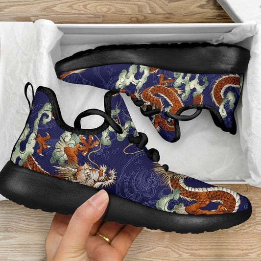Orange Japanese Dragon Pattern Print Mesh Knit Shoes GearFrost