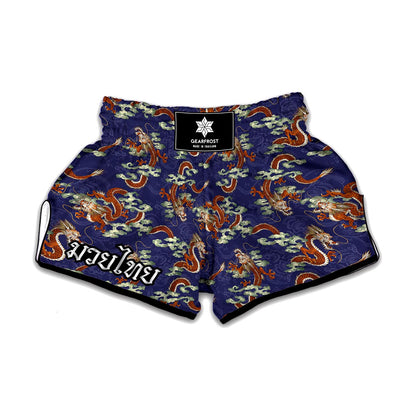 Orange Japanese Dragon Pattern Print Muay Thai Boxing Shorts