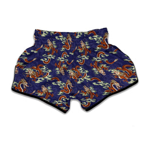 Orange Japanese Dragon Pattern Print Muay Thai Boxing Shorts