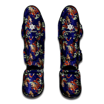 Orange Japanese Dragon Pattern Print Muay Thai Shin Guard