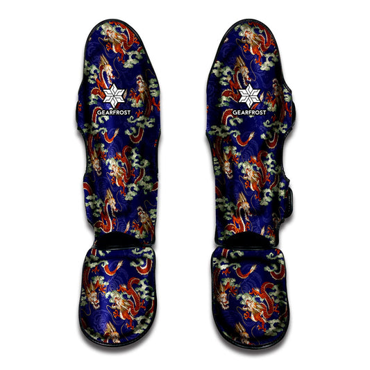 Orange Japanese Dragon Pattern Print Muay Thai Shin Guard