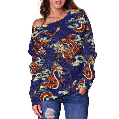 Orange Japanese Dragon Pattern Print Off Shoulder Sweatshirt GearFrost